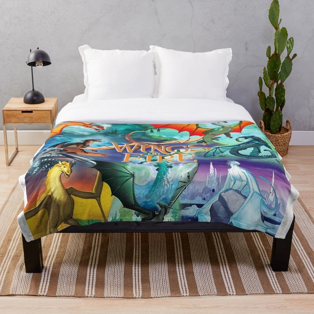 Soft and cozy dragon plush blanket with characters from the Wings of Fire book series