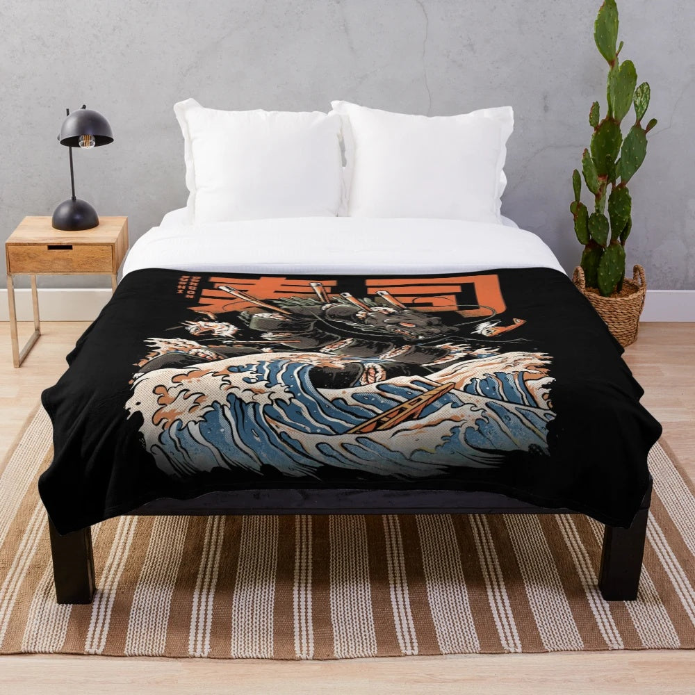 A plush blanket featuring a dragon sushi character in a kaiju-inspired style.