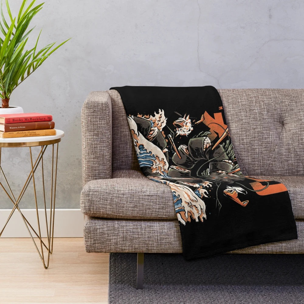 A plush blanket featuring a dragon sushi character in a kaiju-inspired style.