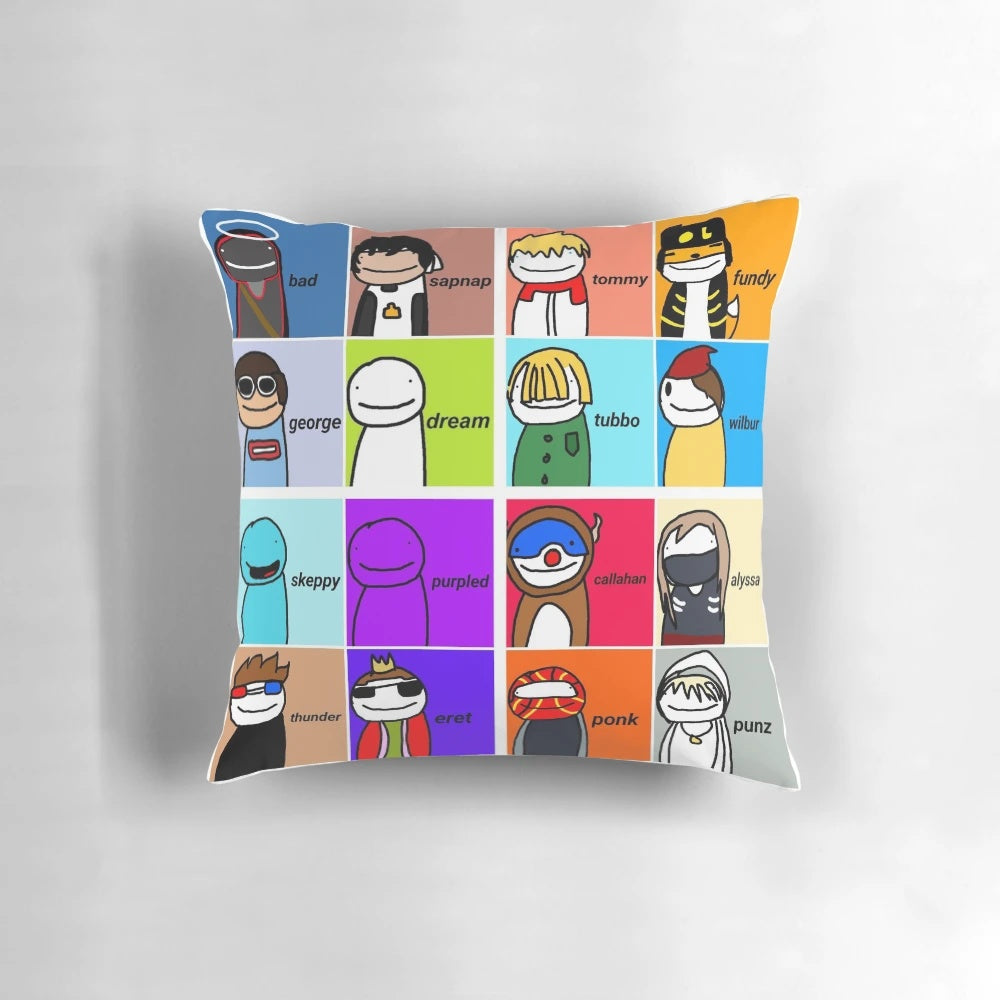 Soft, plush pillow featuring the Dream SMP logo and characters from the popular Minecraft server.