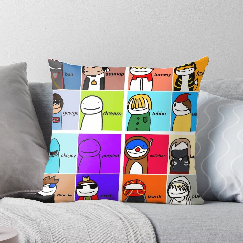 Soft, plush pillow featuring the Dream SMP logo and characters from the popular Minecraft server.