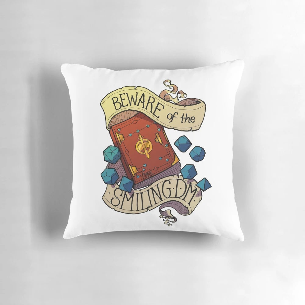 A plush and playful pillow featuring a smiling dungeon master, perfect for dungeons and dragons enthusiasts.
