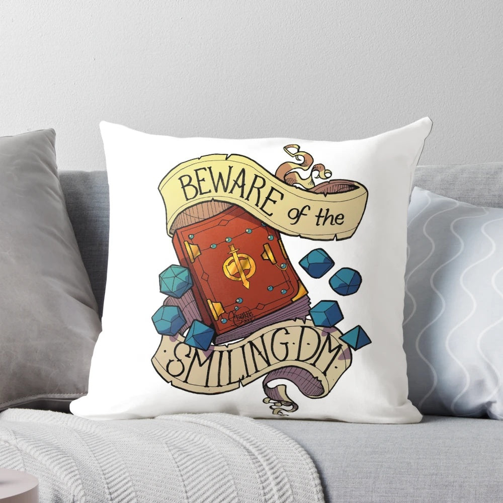 A plush and playful pillow featuring a smiling dungeon master, perfect for dungeons and dragons enthusiasts.