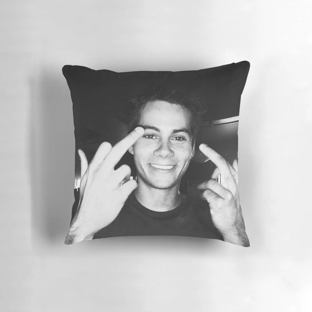 Soft, plush pillow featuring a portrait of actor Dylan O'Brien