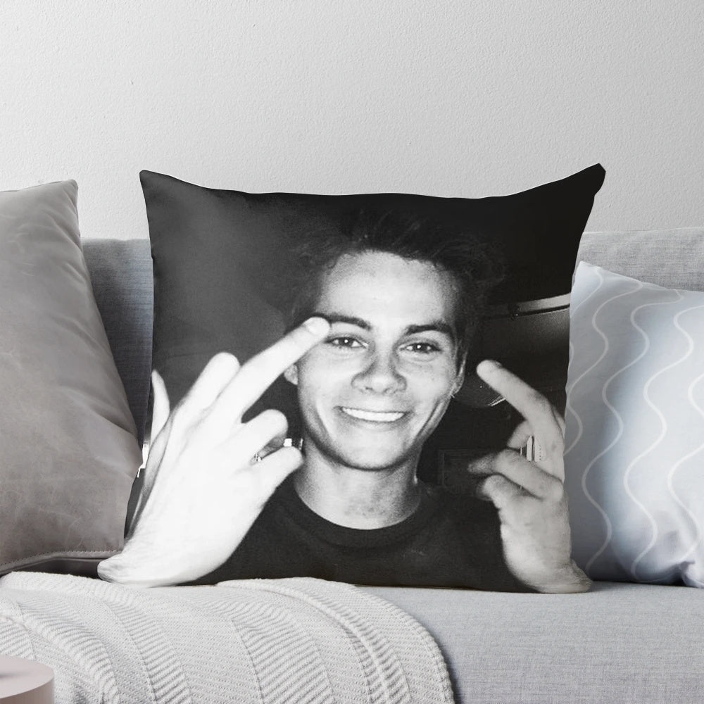 Soft, plush pillow featuring a portrait of actor Dylan O'Brien