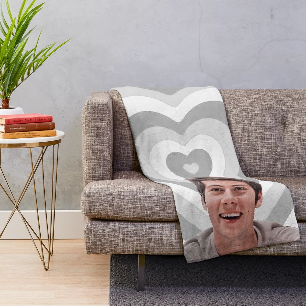 Dylan O'Brien inspired plush blanket with grey and heart design