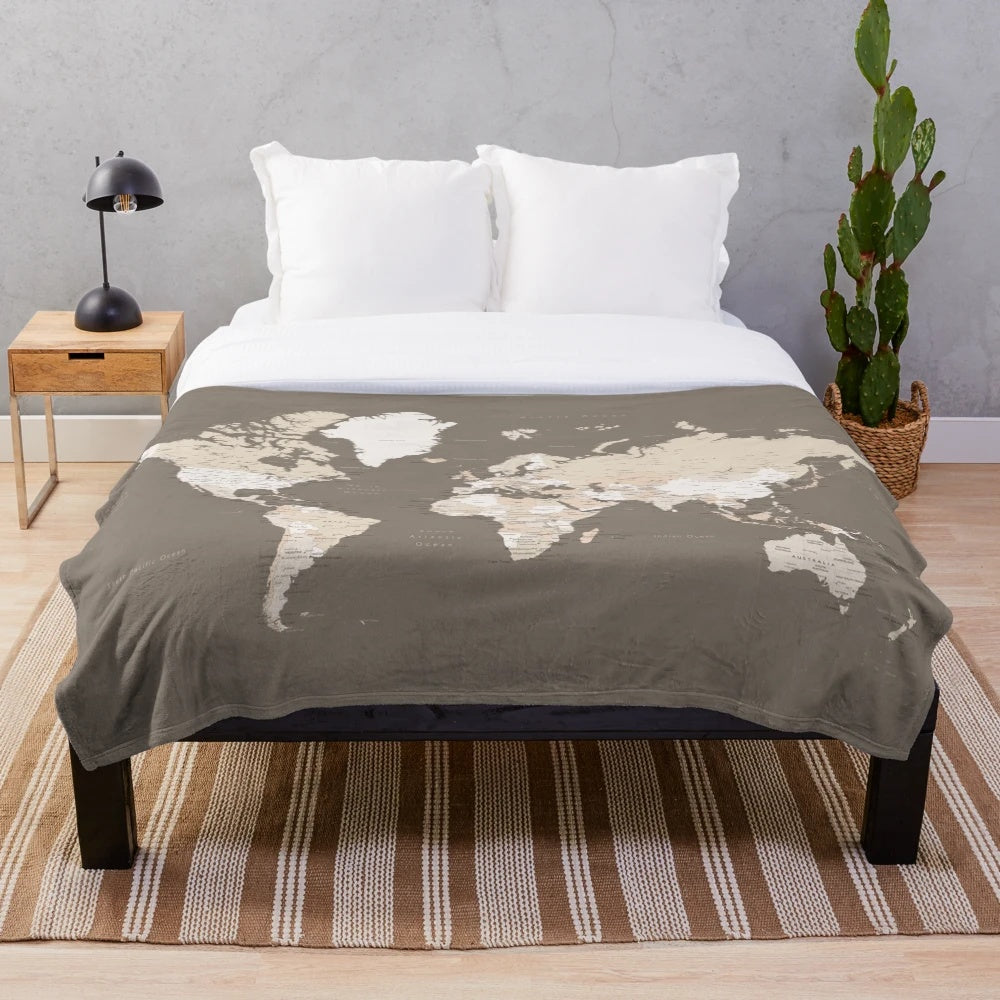 Detailed earth toned world map plush blanket