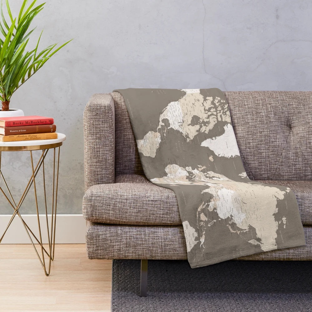 Detailed earth toned world map plush blanket