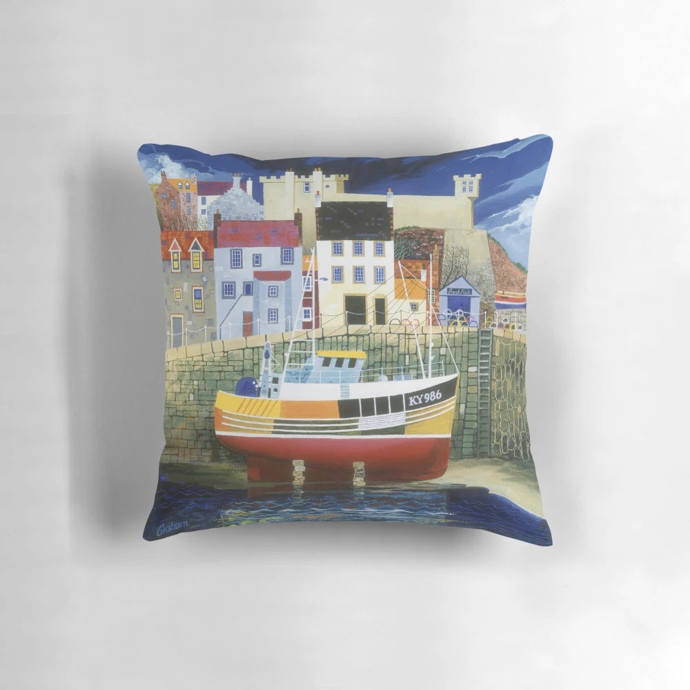 Soft, printed pillow featuring a serene seascape of the East Neuk region in Scotland.