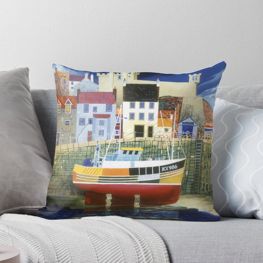 Soft, printed pillow featuring a serene seascape of the East Neuk region in Scotland.