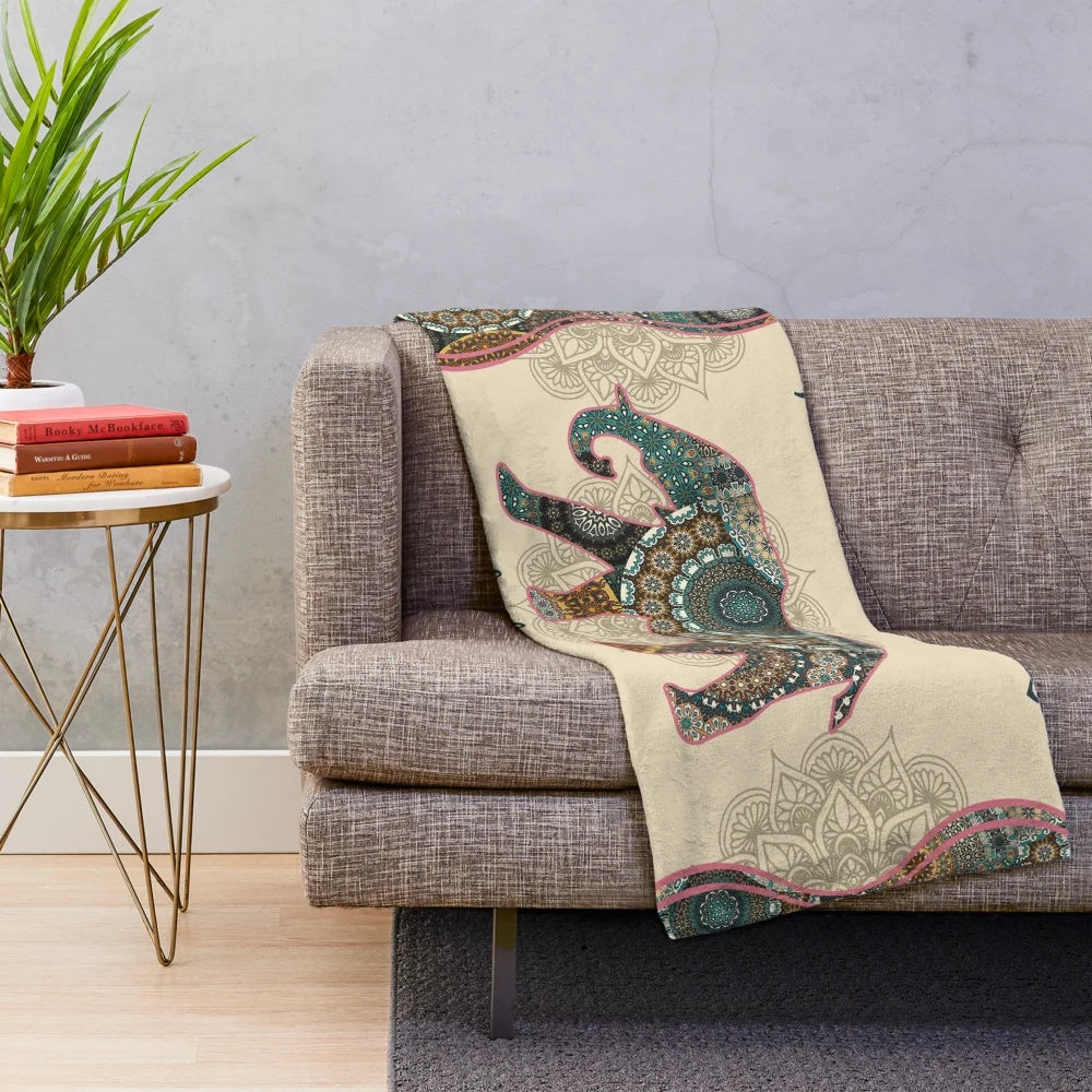 Plush blanket with elephant mandala design