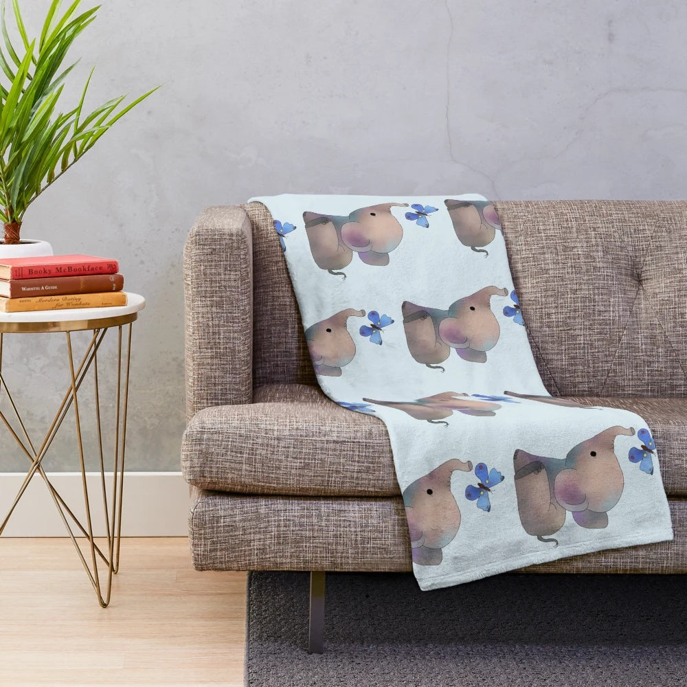 Soft blue elephant with butterfly print plush blanket