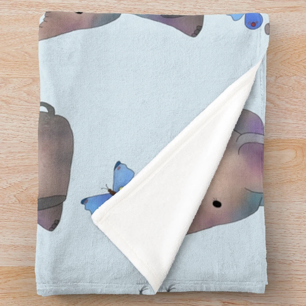 Soft blue elephant with butterfly print plush blanket