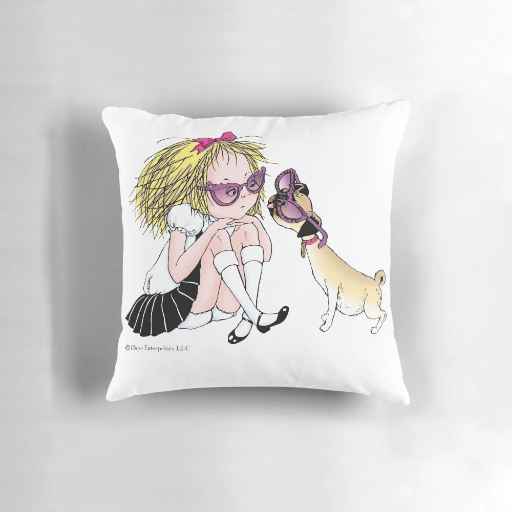 Decorative throw pillow featuring Eloise and her dog Weenie wearing sunglasses
