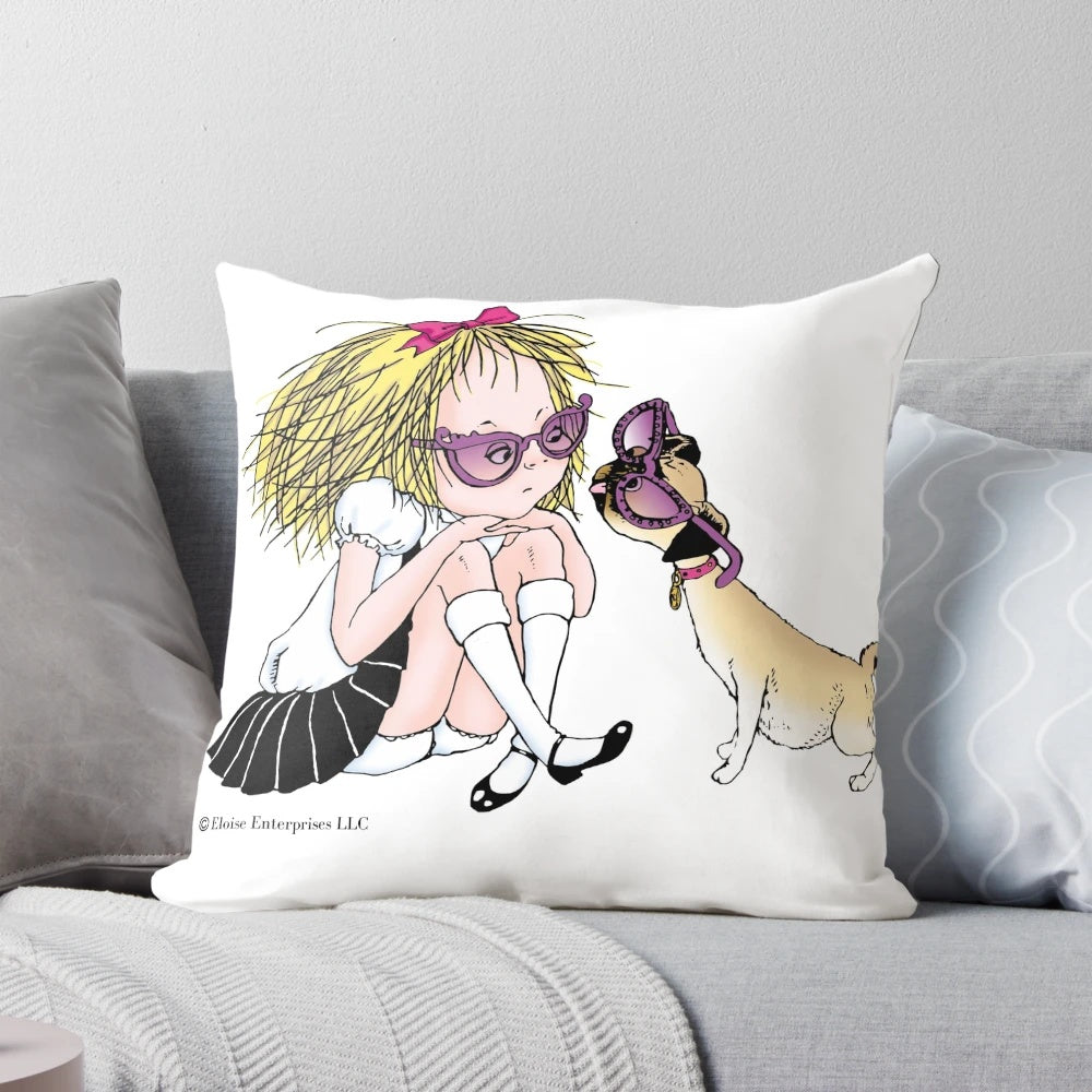 Decorative throw pillow featuring Eloise and her dog Weenie wearing sunglasses