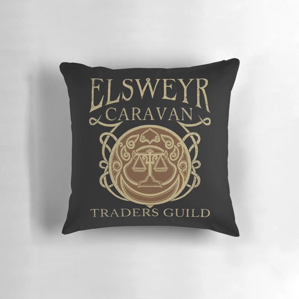 Soft, decorative Elsweyr Traders Guild pillow featuring a vector graphic design for fans of The Elder Scrolls and Skyrim video game series.