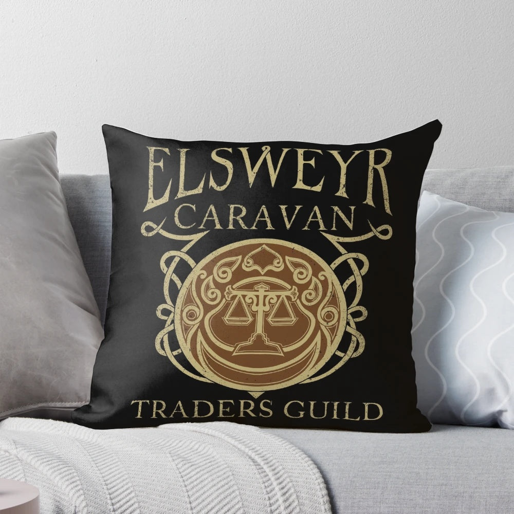 Soft, decorative Elsweyr Traders Guild pillow featuring a vector graphic design for fans of The Elder Scrolls and Skyrim video game series.
