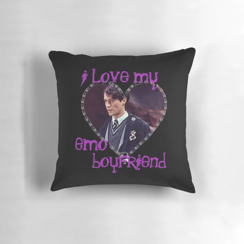 Soft and plush pillow featuring an illustration of Tom Riddle, the beloved emo boyfriend character.