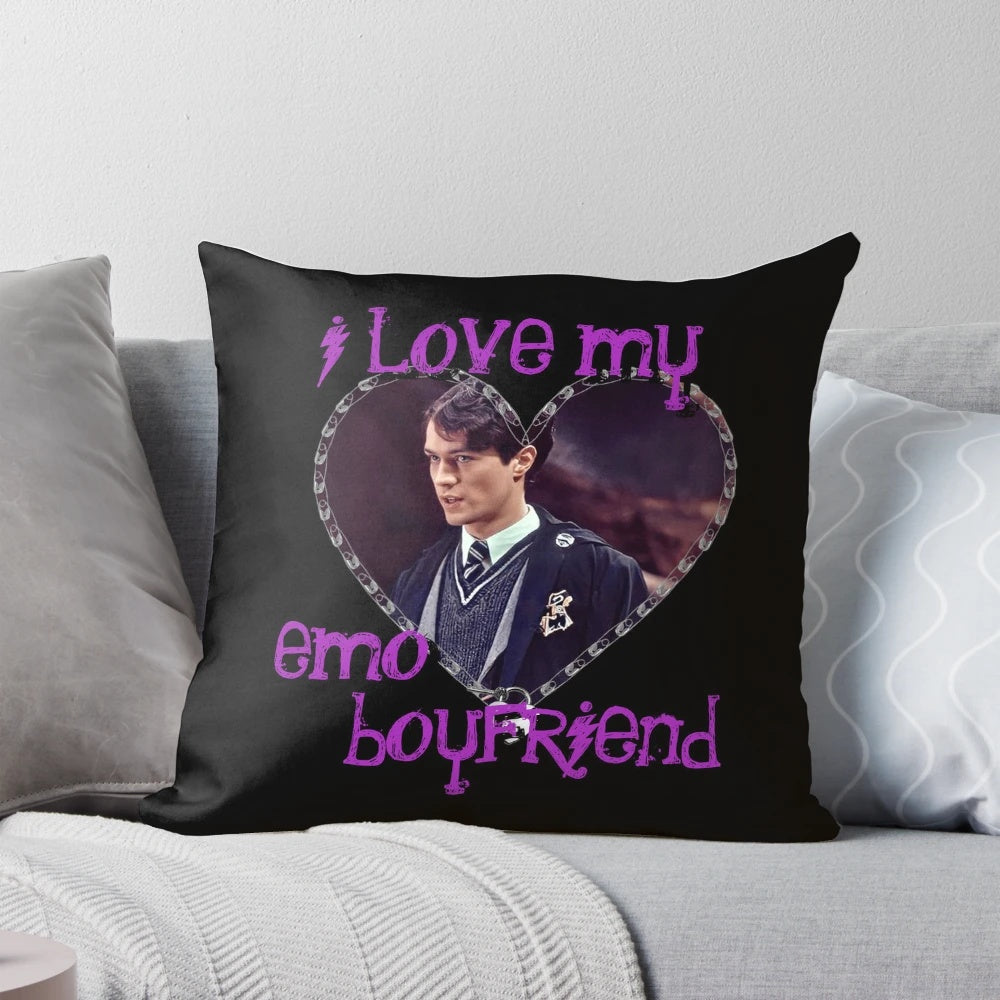 Soft and plush pillow featuring an illustration of Tom Riddle, the beloved emo boyfriend character.