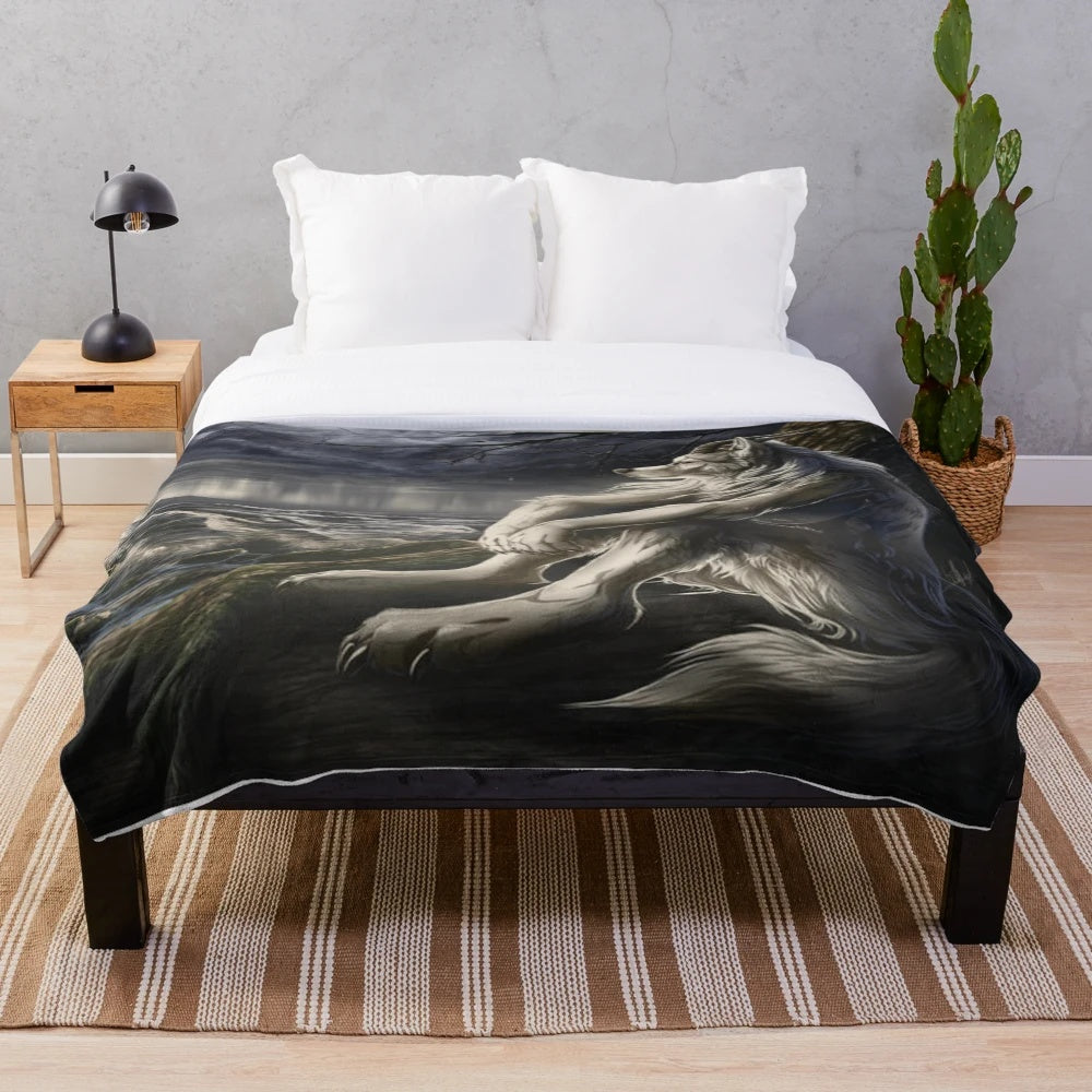 Emo white wolf sitting sadly printed on a plush, cozy blanket