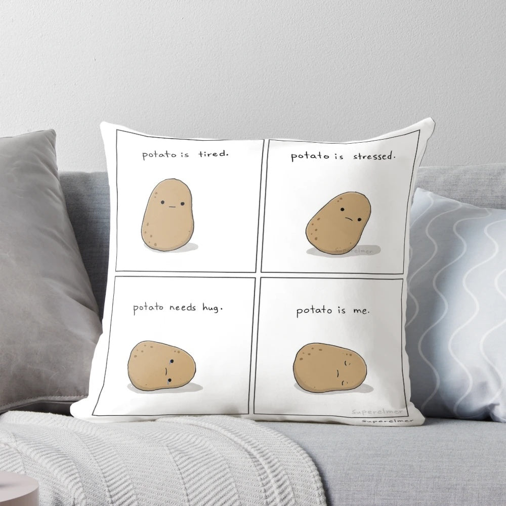 Soft and huggable potato-shaped pillow with an emotional expression