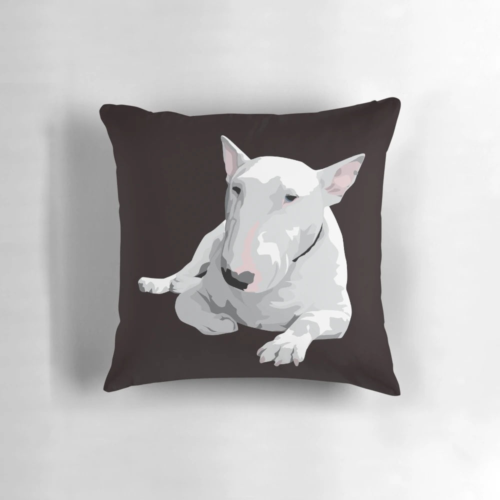 Soft, plush pillow featuring an illustration of an English Bull Terrier dog breed.
