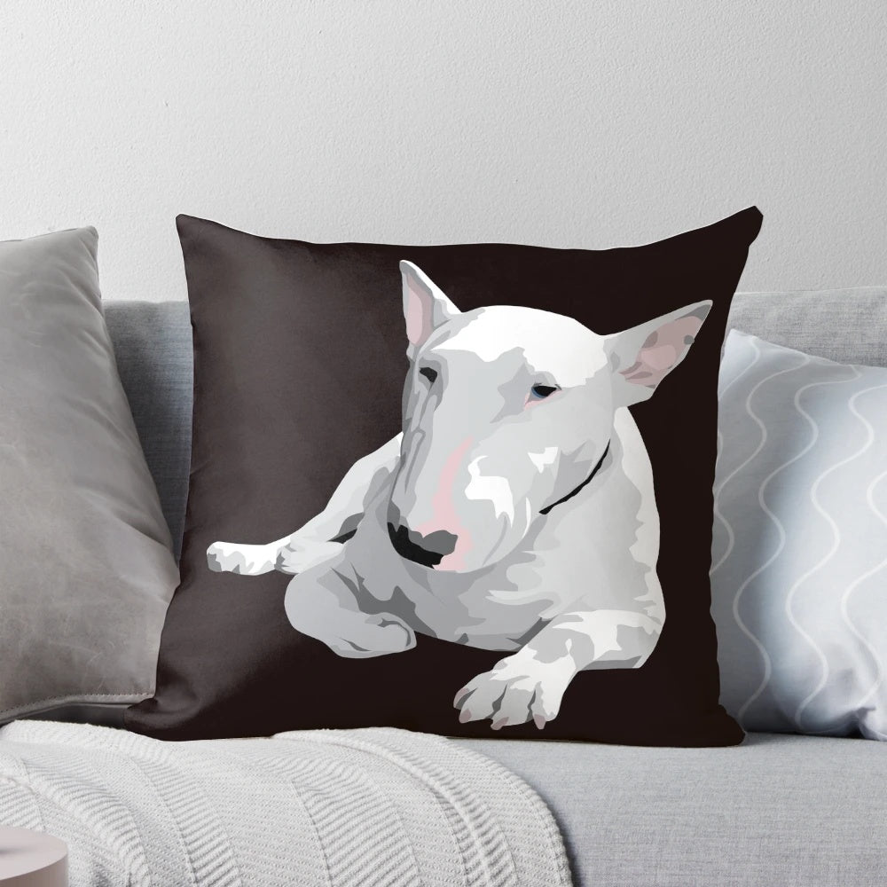 Soft, plush pillow featuring an illustration of an English Bull Terrier dog breed.