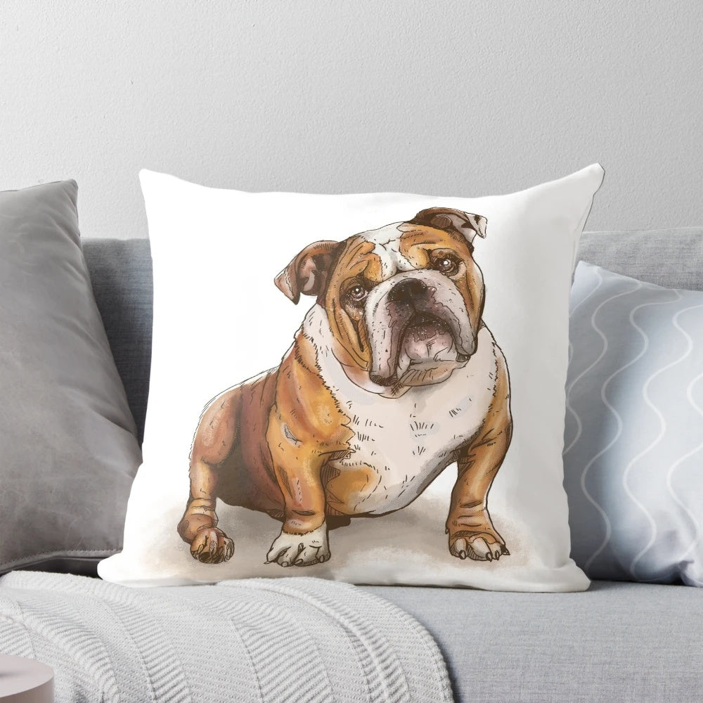 Soft, plush pillow featuring a detailed illustration of an English bulldog, perfect for dog lovers and home decor.