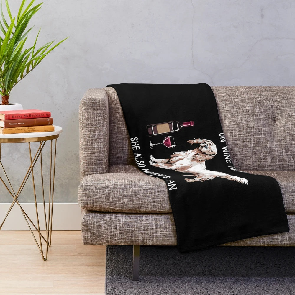 Cozy plush blanket featuring an English Setter dog and wine glass design