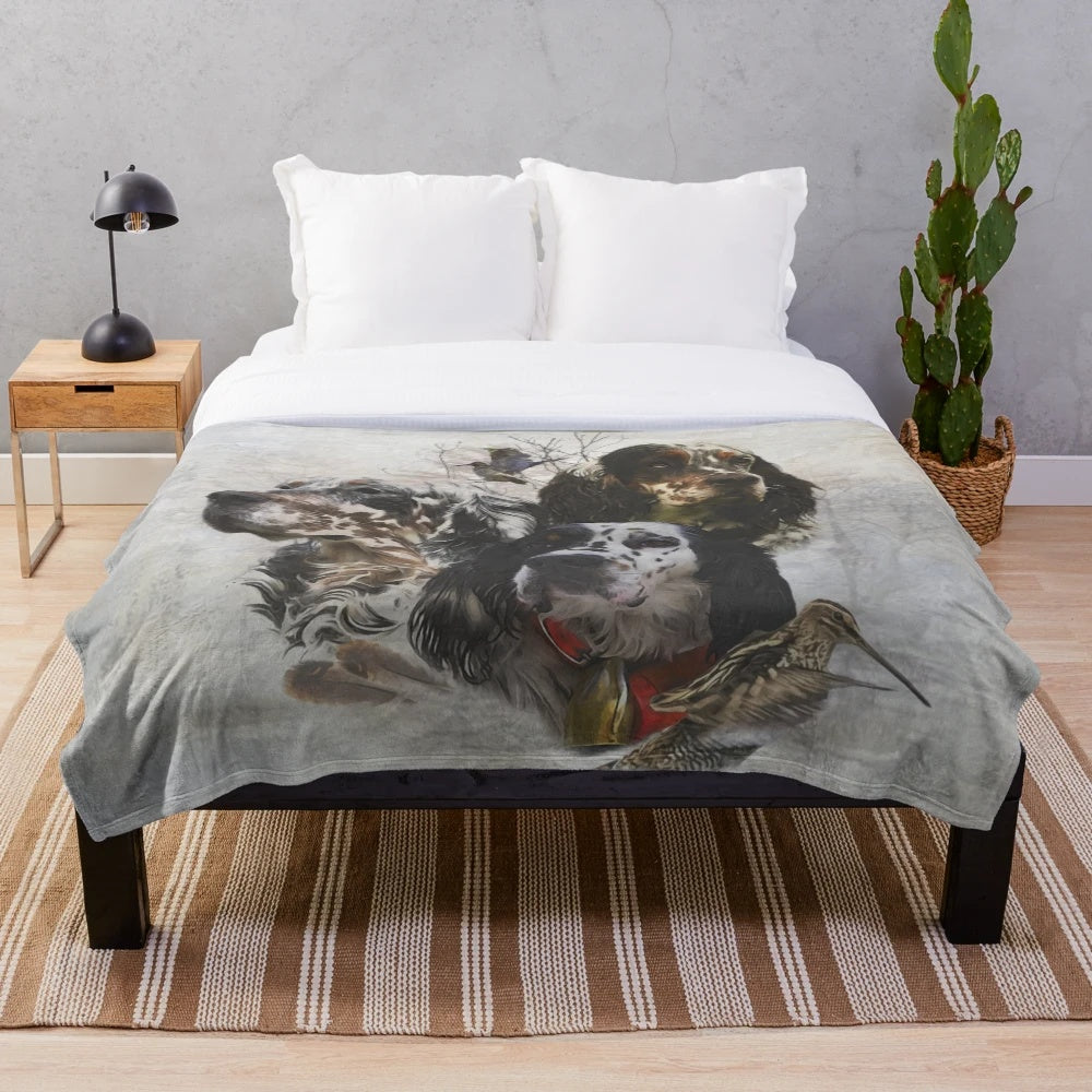 Plush blanket featuring a charming illustration of an English Setter dog, perfect for woodcock hunting enthusiasts.