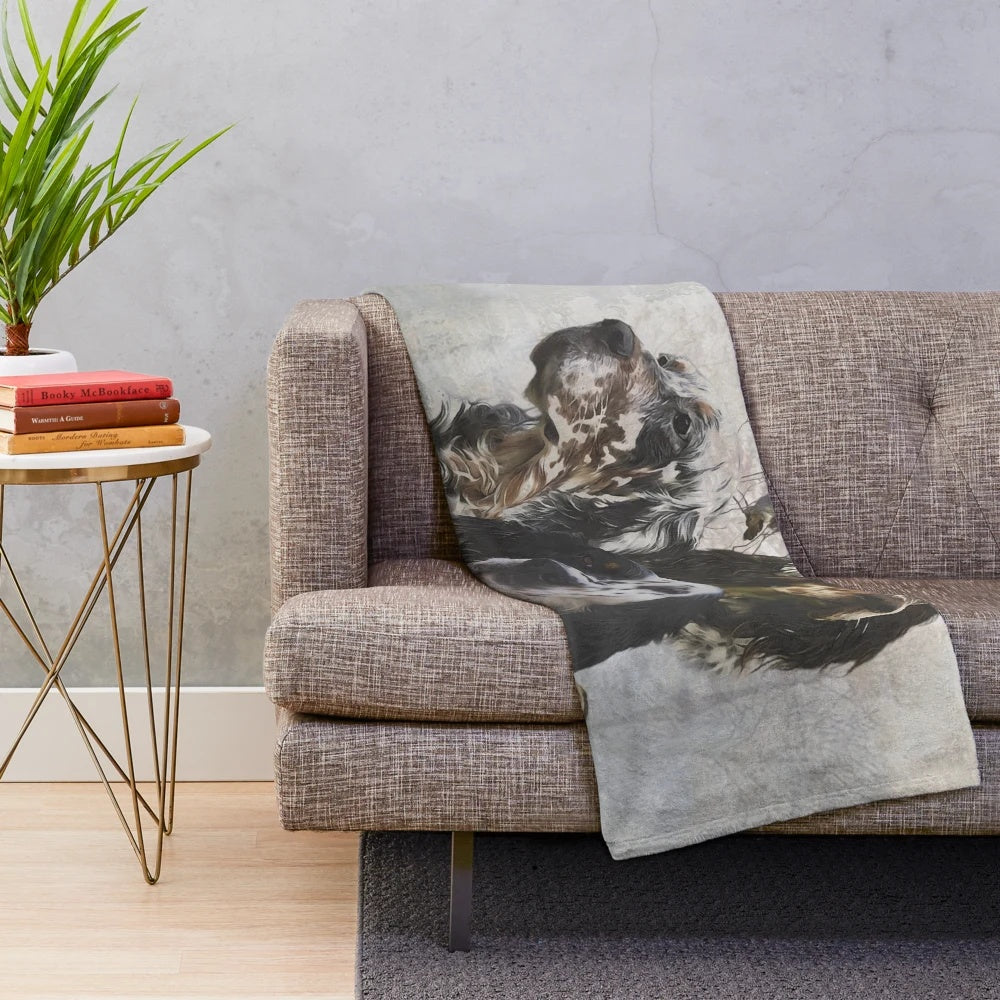 Plush blanket featuring a charming illustration of an English Setter dog, perfect for woodcock hunting enthusiasts.