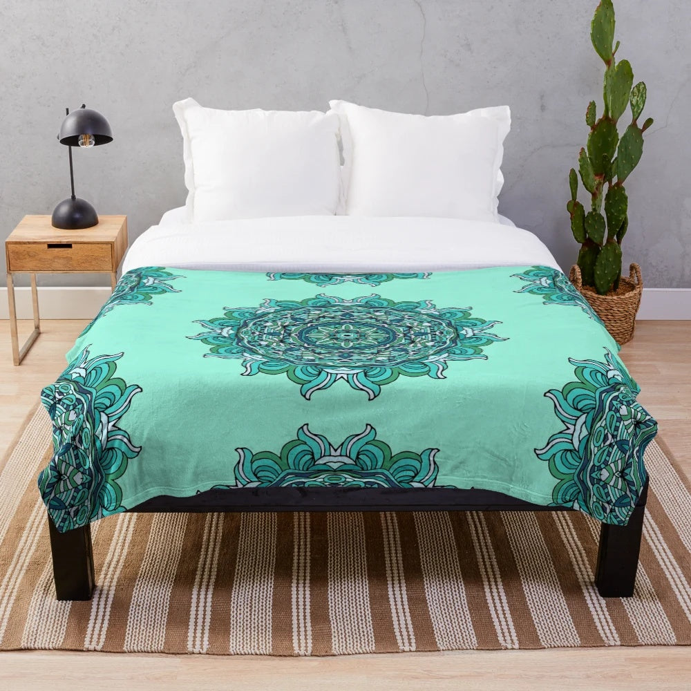 Blue and grey mandala patterned plush blanket