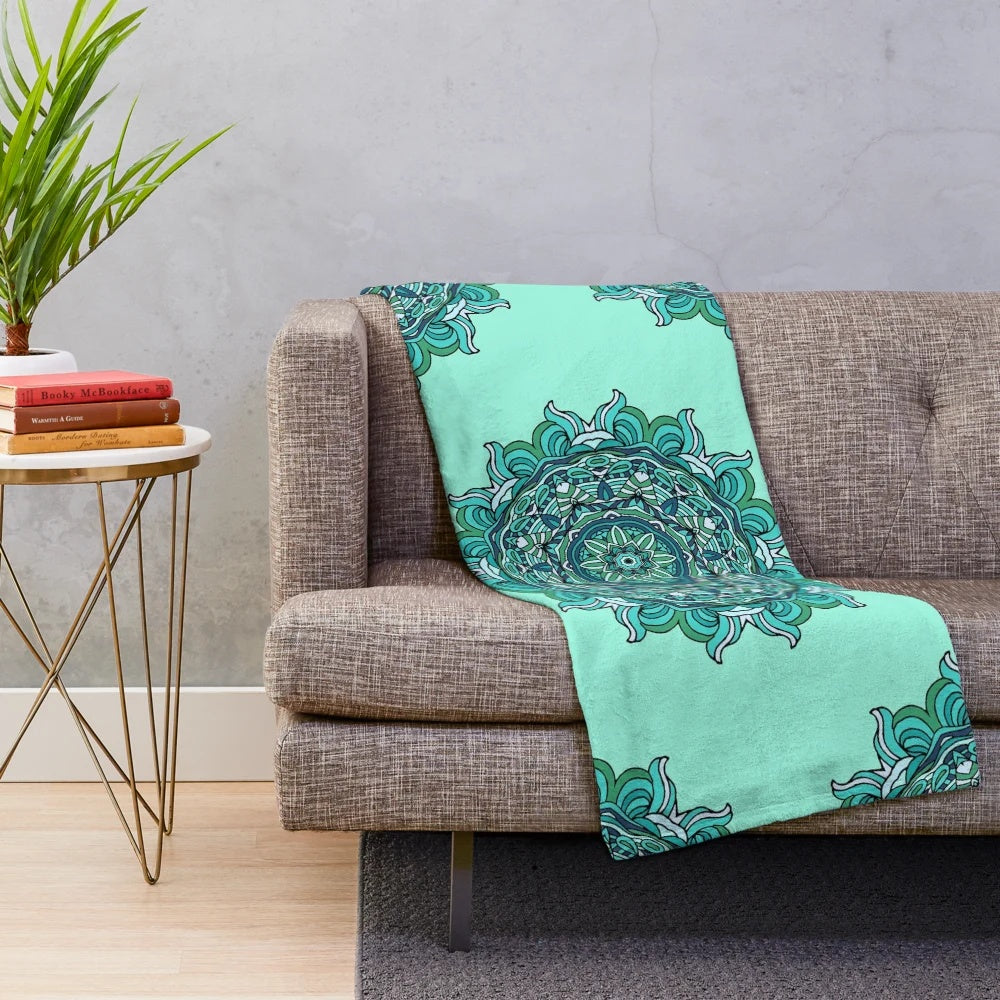 Blue and grey mandala patterned plush blanket
