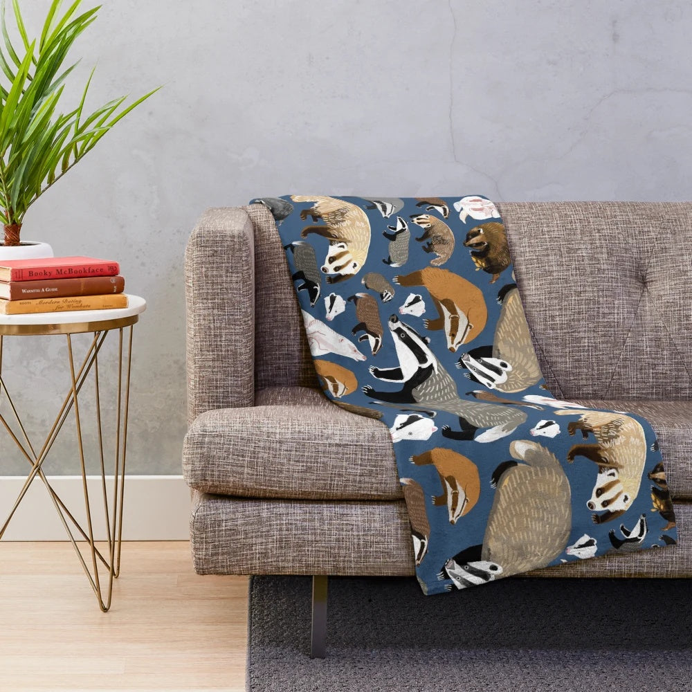 Eurasian badger inspired plush blanket in blue