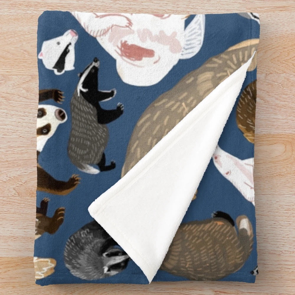 Eurasian badger inspired plush blanket in blue