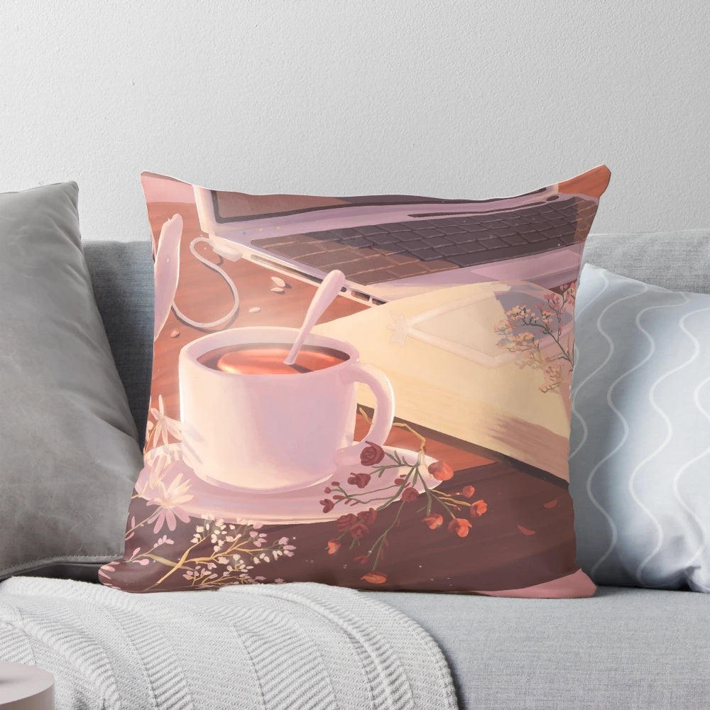 Soft, floral-patterned pillow with a warm, autumnal aesthetic, perfect for creating a cozy evening routine.