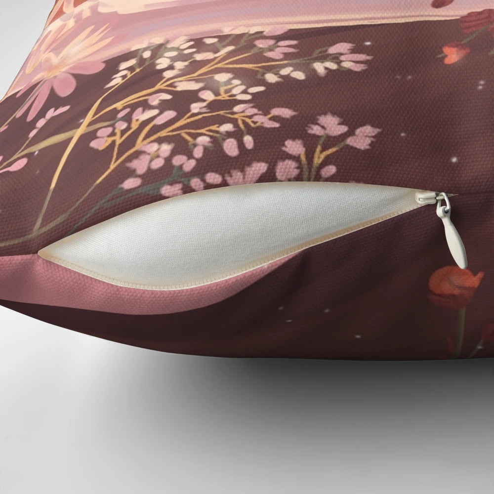 Soft, floral-patterned pillow with a warm, autumnal aesthetic, perfect for creating a cozy evening routine.