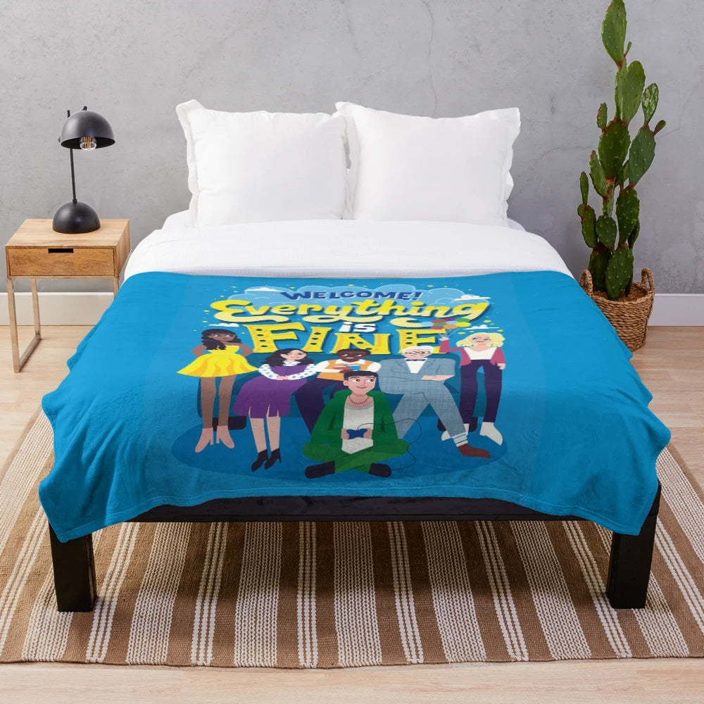 Soft and comfortable plush blanket featuring the "Everything is Fine" pop art design