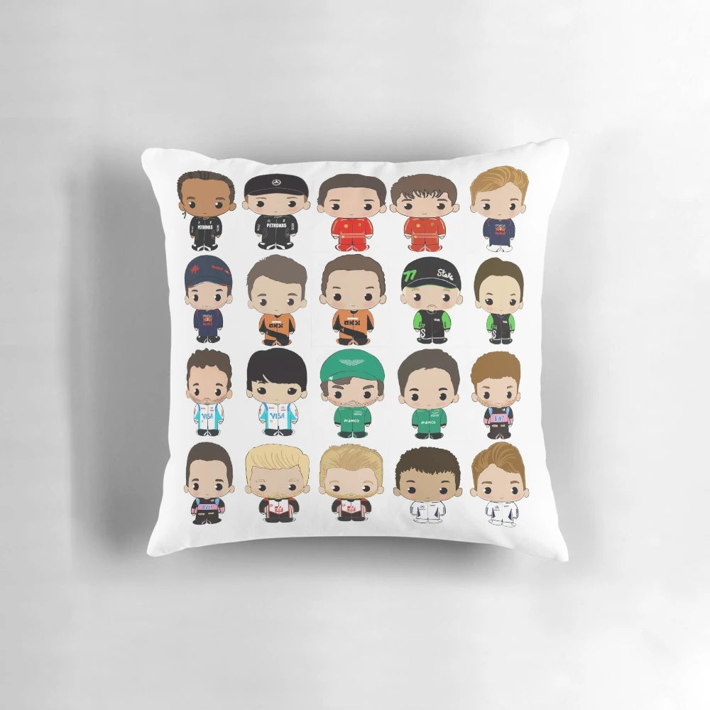 Soft and snugly F1 2024 class chibi-style pillow featuring cute Formula 1 driver designs