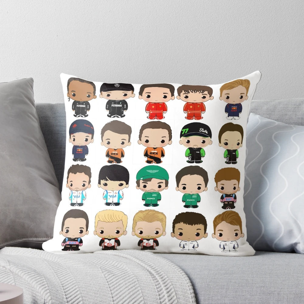 Soft and snugly F1 2024 class chibi-style pillow featuring cute Formula 1 driver designs