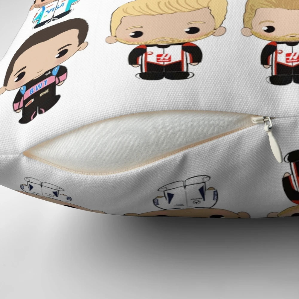 Soft and snugly F1 2024 class chibi-style pillow featuring cute Formula 1 driver designs
