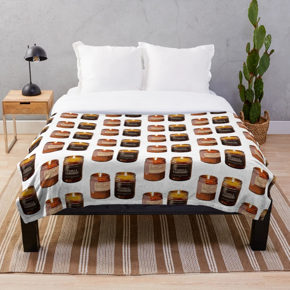 Cozy fall candles plush blanket with pumpkins, leaves, and rustic accents