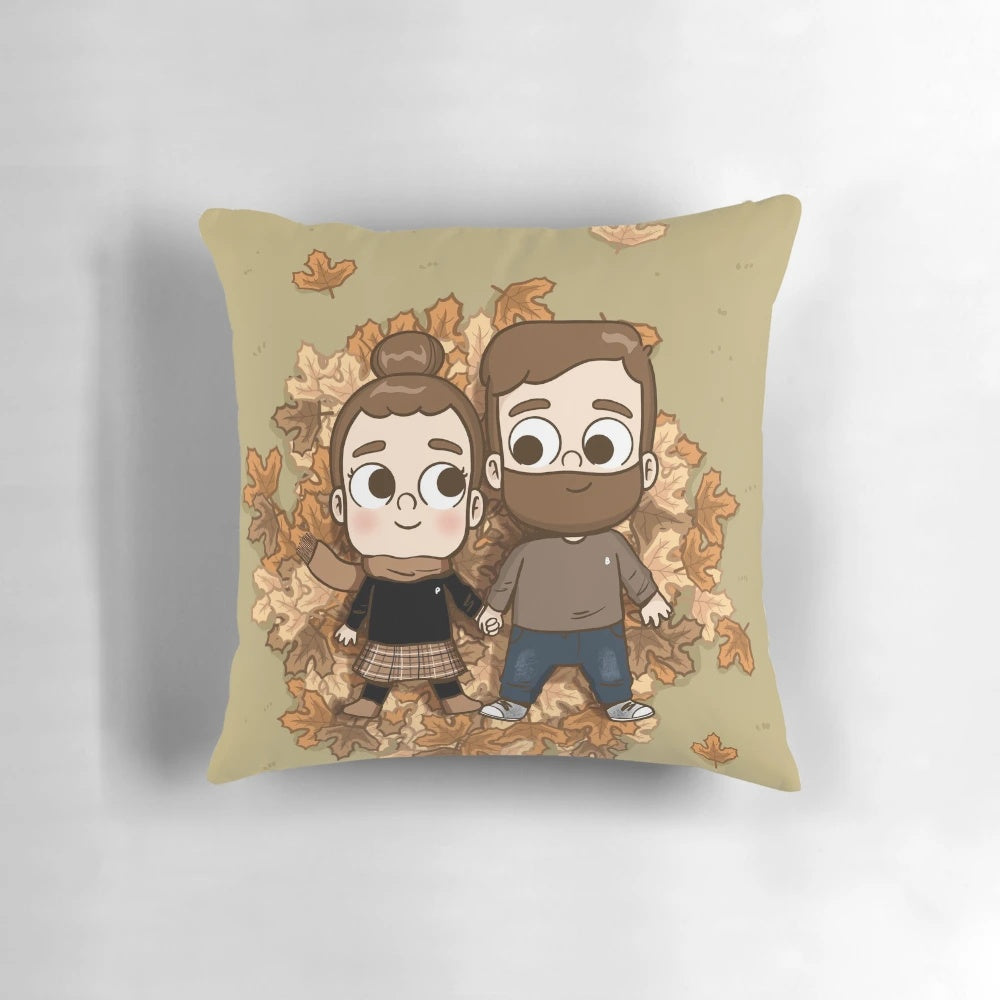 Couple snuggling on a cozy fall-themed phone home pillow