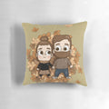 Couple snuggling on a cozy fall-themed phone home pillow