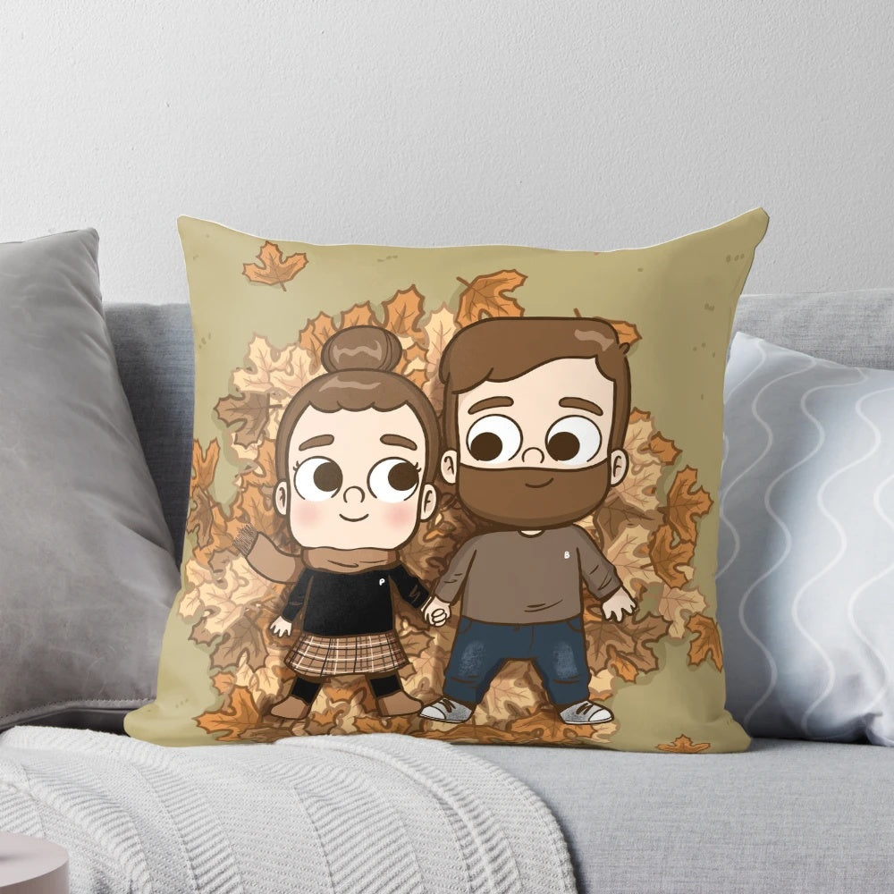 Couple snuggling on a cozy fall-themed phone home pillow