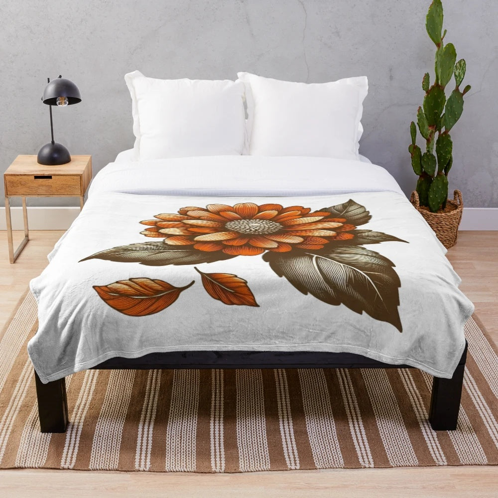 Fall flower plush blanket with botanical foliage design