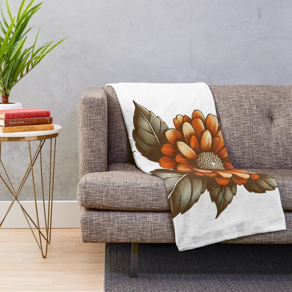 Fall flower plush blanket with botanical foliage design