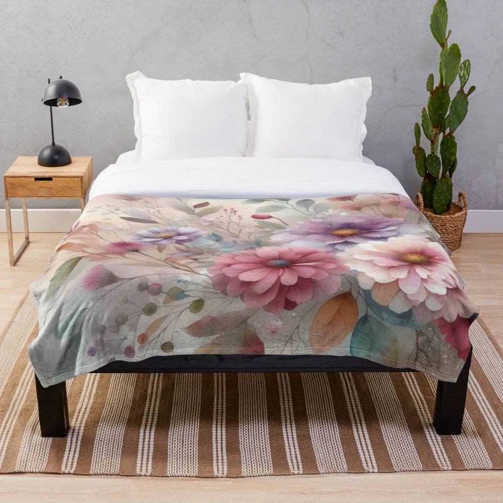 Plush blanket featuring a pastel watercolor painting of fall flowers