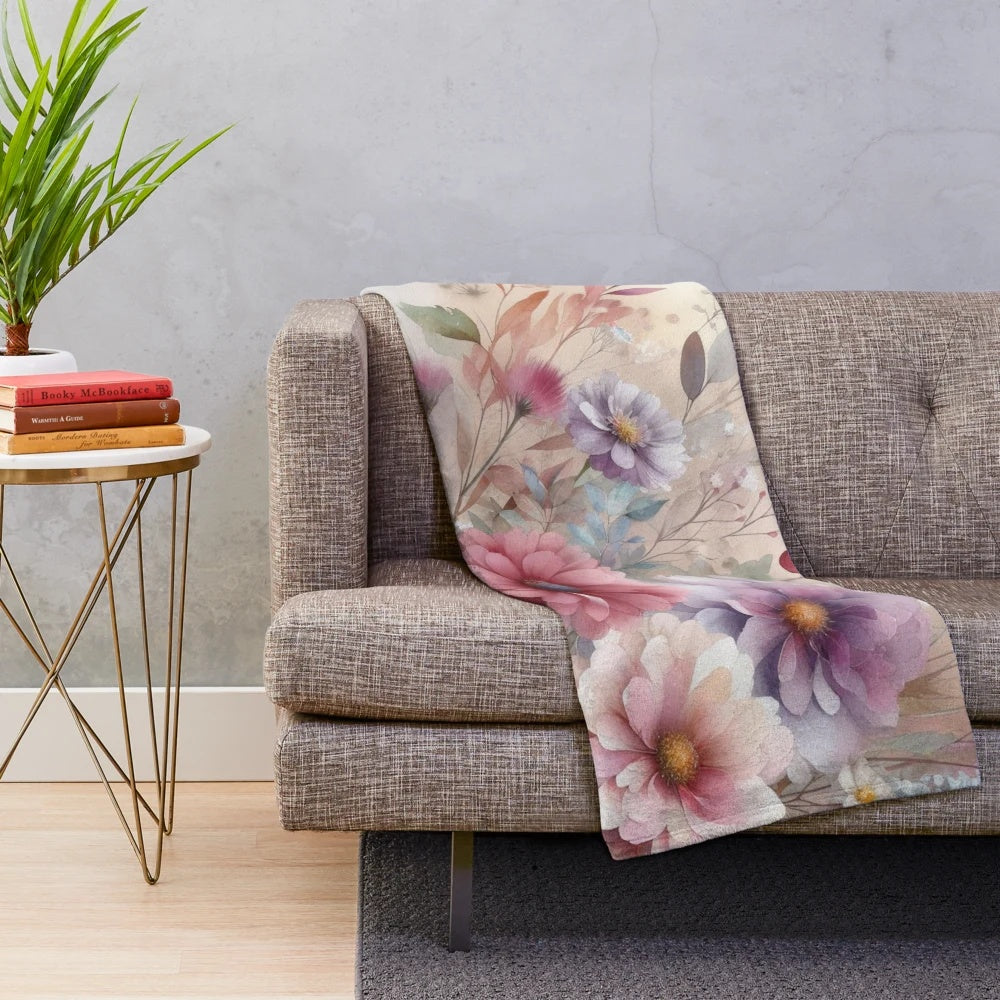 Plush blanket featuring a pastel watercolor painting of fall flowers