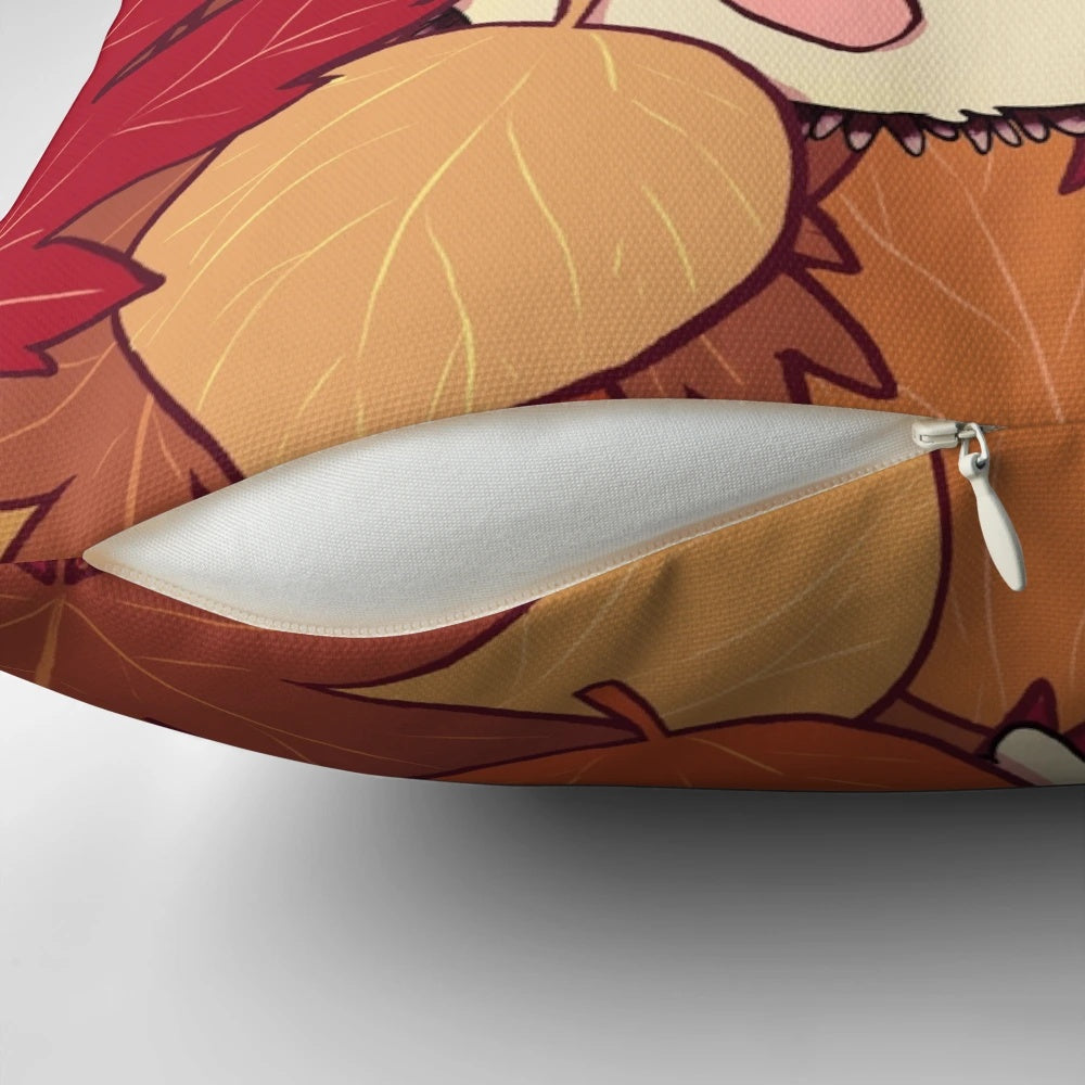 A soft, plush pillow featuring a charming hedgehog surrounded by colorful fall leaves
